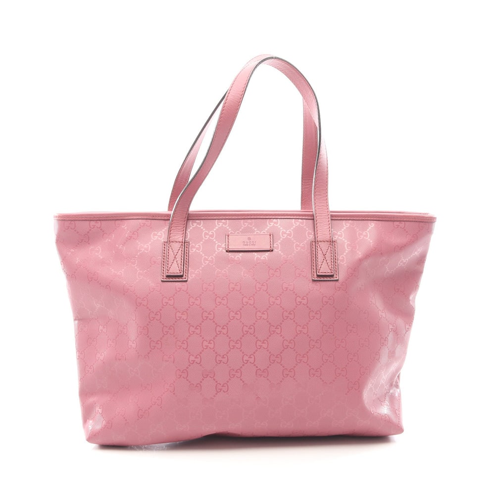Gucci GG Imprime Tote Pink Purple: Authentic and authenticated Gucci GG Imprime shoulder tote bag in pink purple PVC leather. Model 211137. Approx. 27H x 45/37W x 11D cm with 53 cm strap.