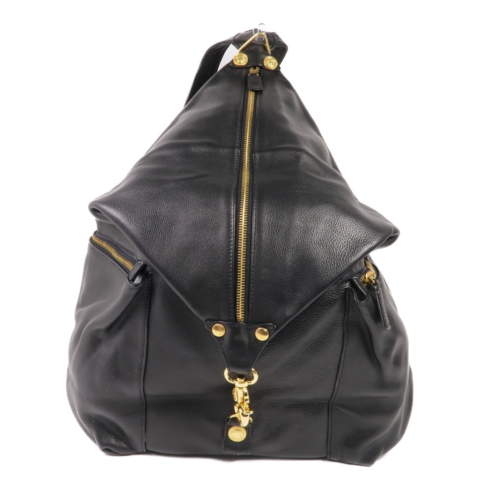 Versace Black Leather Backpack: Authentic and authenticated Versace backpack rucksack in black calfskin. Approx. 29W x 38H x 15D cm with 60-70 cm straps. No accessories listed.