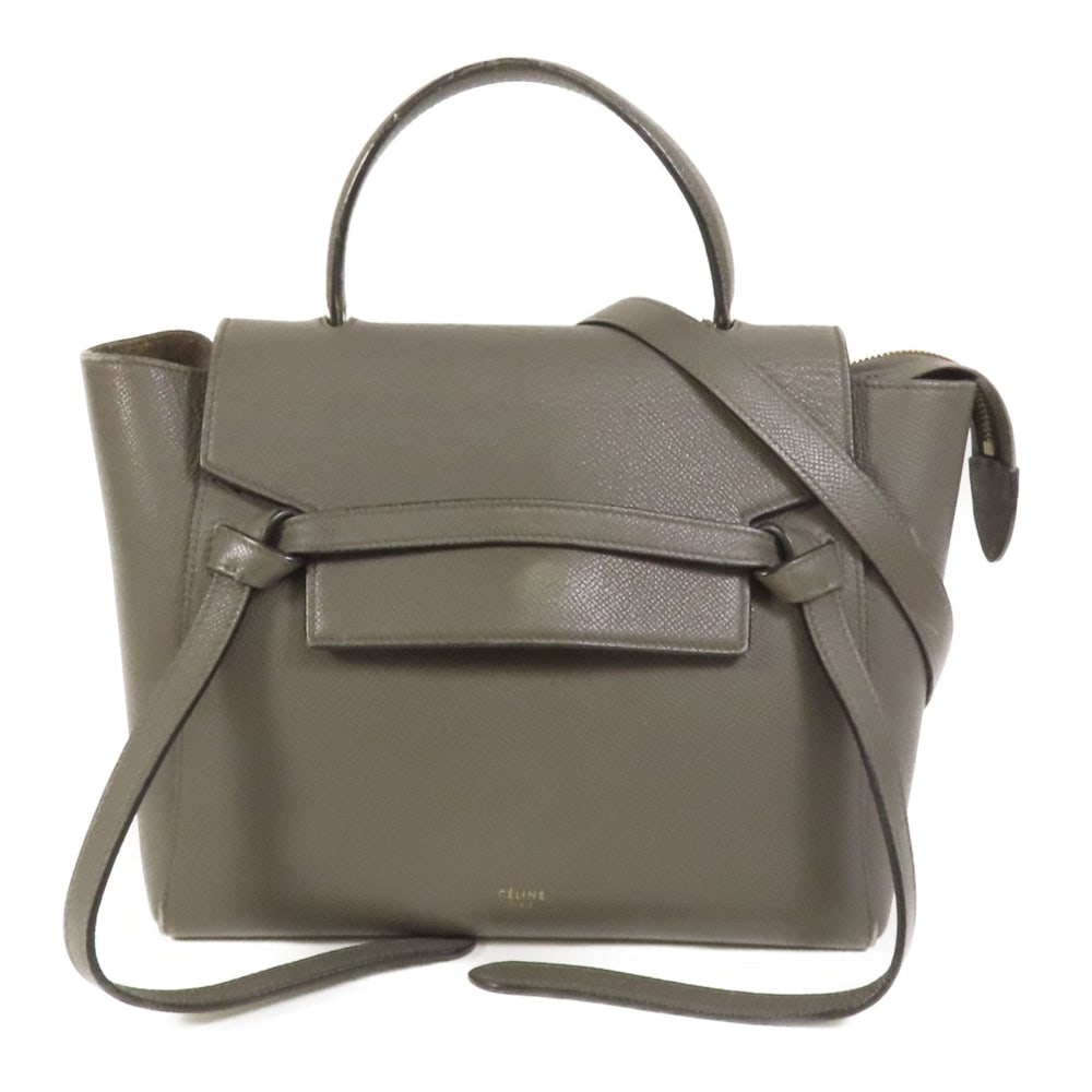 Celine Micro Belt Bag Gray: Authenticated genuine Celine Micro Belt Bag 2-way shoulder bag in gray green calfskin leather with gold-tone hardware. Includes storage bags and shoulder strap. Product no. F-GA-0187. Approx. W24 x