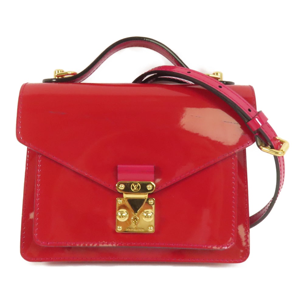Louis Vuitton Monceau BB Vernis Red: Authenticated genuine Louis Vuitton Monceau BB 2-way shoulder bag in red Vernis patent leather with gold-tone hardware. Includes storage bags and shoulder strap. Product no. SR4182. Approx. W20 x H14