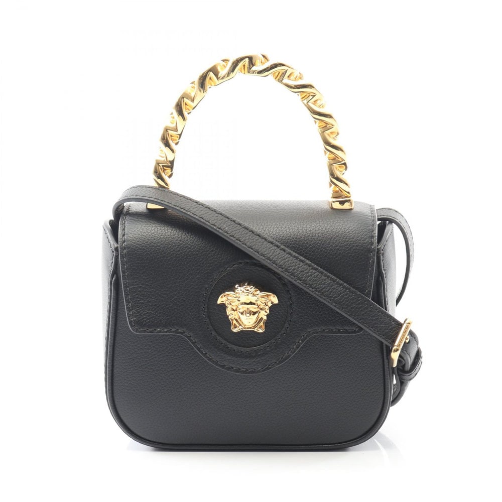 Versace A Medusa 2Way Handbag: Authenticated genuine Versace A Medusa 2WAY handbag in black leather. Includes shoulder strap. Approx. H14 x W16 top/15.5 base x D6 cm with 23 cm handle.