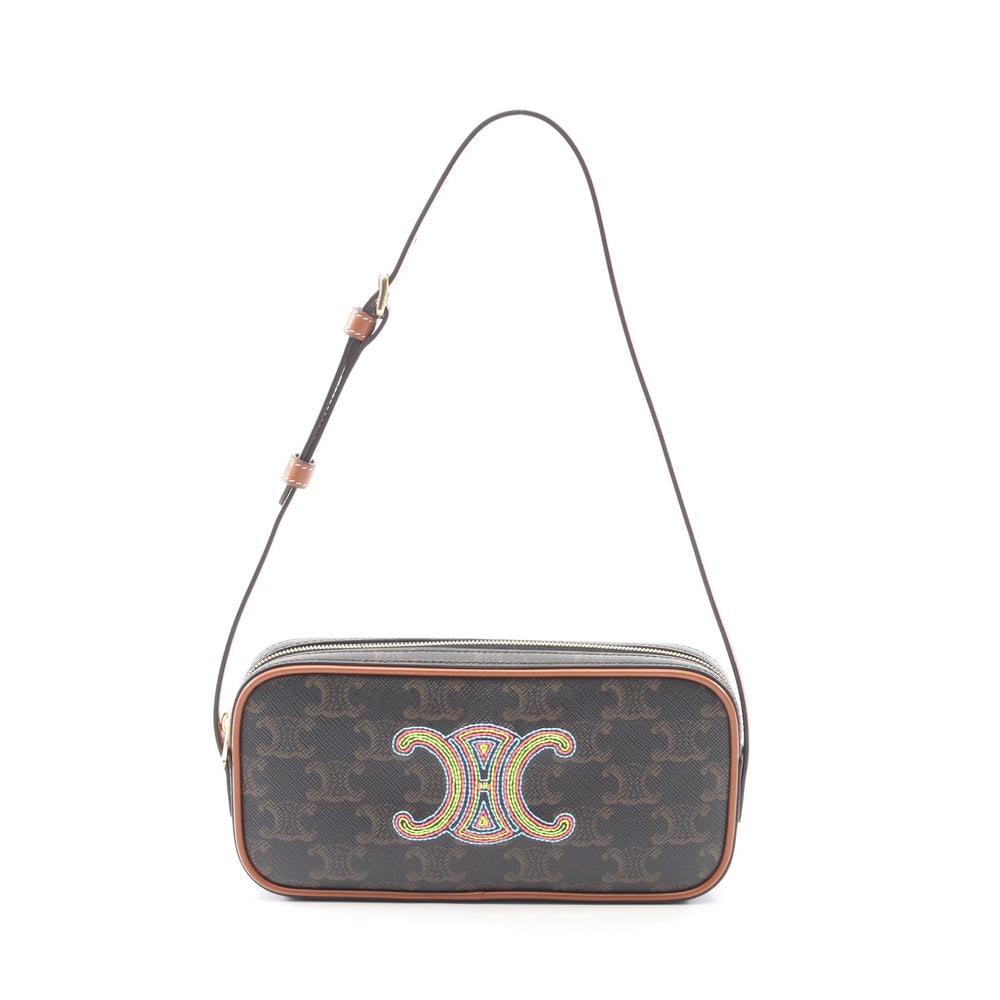 Celine Mini Camera Bag Black Brown: Authenticated genuine Celine Cuill Triomphe Mini Camera one shoulder bag in black brown PVC leather. Approx. H9 x W18 x D3 cm with 47-57 cm strap. Model and product numbers not listed.