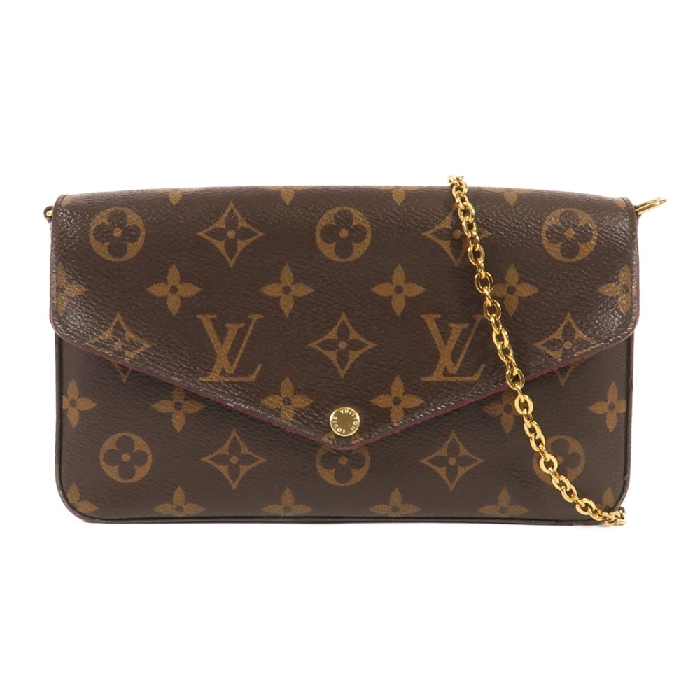LV Pochette Felicie Monogram: Authentic and authenticated Louis Vuitton Pochette Felicie chain shoulder bag in brown Monogram PVC coated canvas. Product NZ5118. Includes shoulder strap. Approx. 21 x 12 x 3 cm.