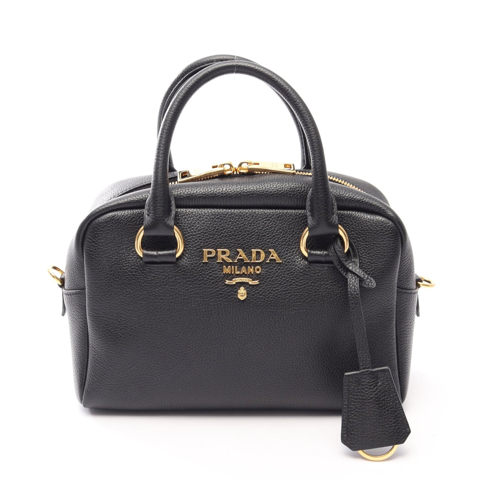 Prada Vitello Phenix Handbag: Vitello Phenix handbag in black leather. Includes crochet with key ring. Size 24 x 16 x 9 cm.