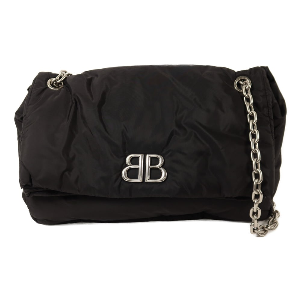 Balenciaga Monaco Chain Shoulder Black: Black nylon Balenciaga Monaco chain shoulder bag. Approx. 32 x 25 x 10 cm; strap 62-102 cm. Product no. 1000.M.528147. Authentic and authenticated.