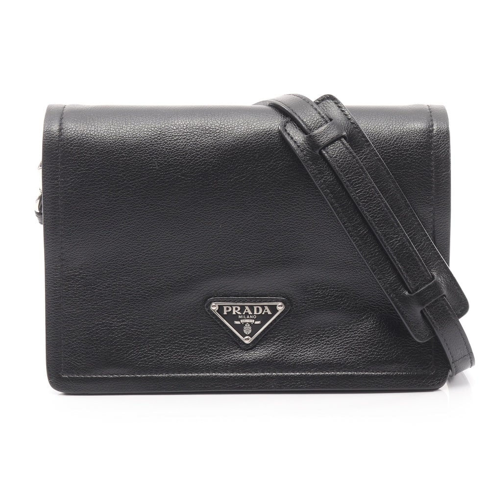 Prada Glace Calf Shoulder Black: Black leather Prada GLACE'CALF shoulder bag. Approx. 23 x 15 x 9 cm; strap 111-121 cm. Model 1BD296. Authentic and authenticated.