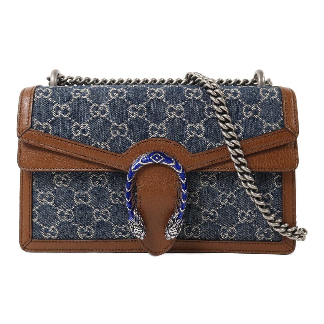 Gucci Dionysus Chain Blue Brown: Dionysus chain shoulder bag 400249 in blue and brown canvas and calfskin. Includes storage bags. Size 28 x 16.5 x 7 cm.