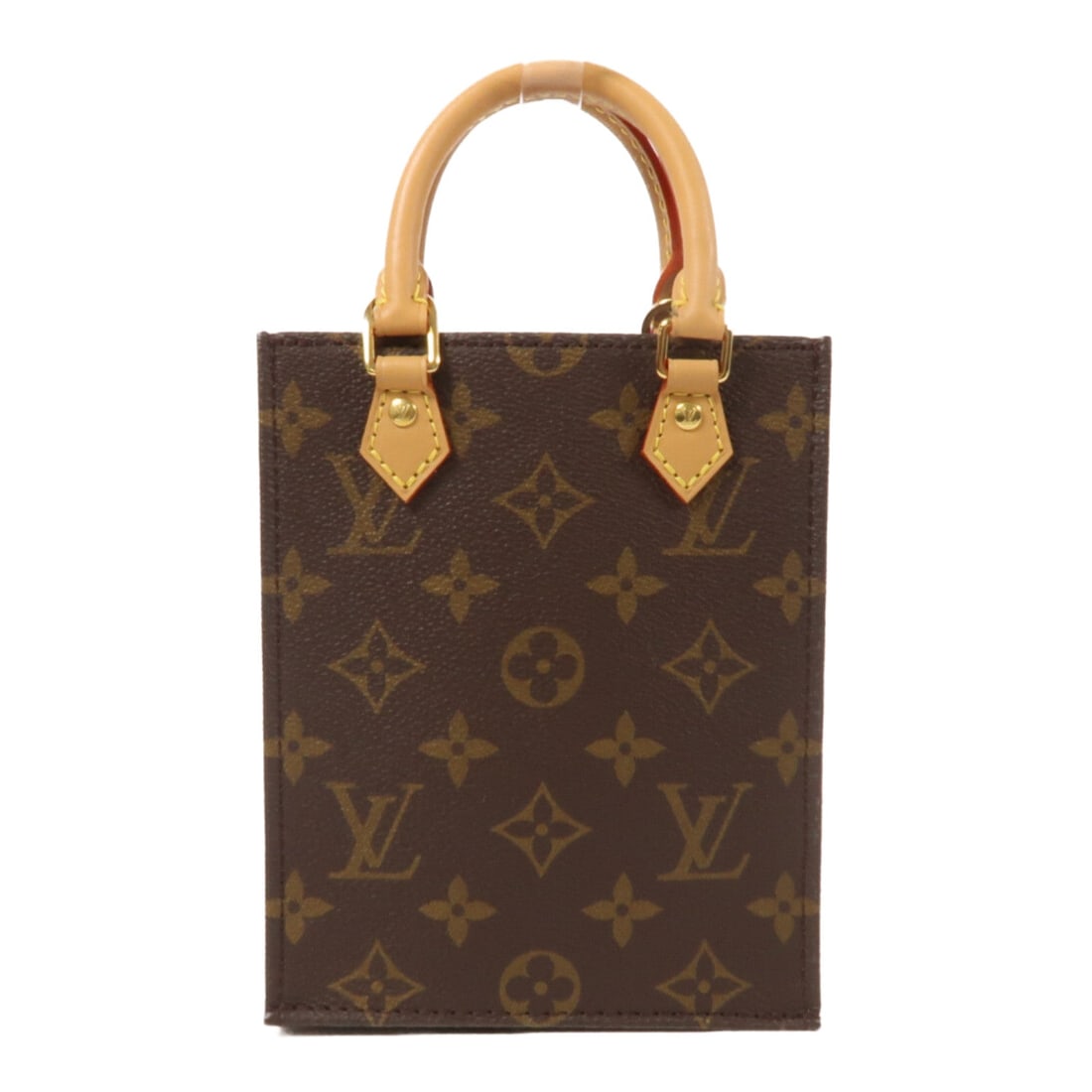 LV Petit Sac Plat Monogram: Petit Sac Plat 2 way shoulder handbag M69442 in brown Monogram canvas. Includes storage bags and shoulder strap. Size 13.5 x 17 x 5 cm.