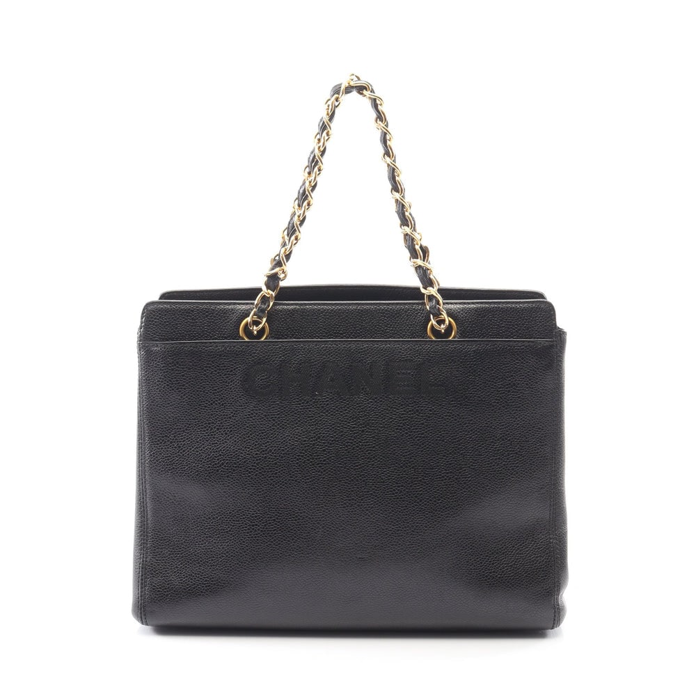 Chanel Chain Handbag Caviar Black: Black caviar skin Chanel chain handbag with gold hardware, guarantee card, and serial seal. Approx. 28.5 x 24 x 10 cm; handle 40 cm. Model A08913. Authentic and authenticated.