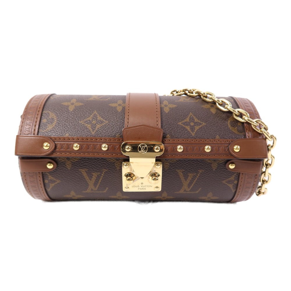 LV Papillon Trunk Brown: Brown Monogram PVC coated canvas Papillon Trunk shoulder bag with shoulder strap. Approx. 19 x 9 x 9 cm; handle 49 cm; strap 108-124 cm. RFID. Authentic and authenticated.