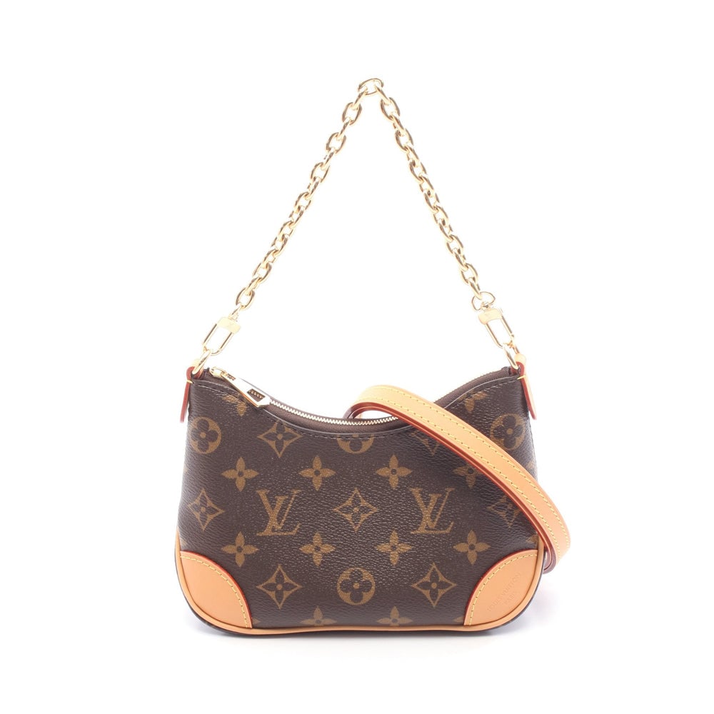 LV Nano Boulogne Brown: Brown Monogram PVC leather Nano Boulogne 2-way chain handbag with shoulder strap. Approx. 18 x 10.5 x 6.5 cm; handle 31.5 cm; strap 56-98 cm. Model M25519, RFID noted. Authentic and authenticated.