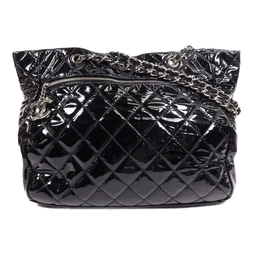 Chanel Patent Shoulder Bag: Black patent leather shoulder bag with SHW; hologram sticker included; W34 x H31 x D14.5 cm; strap 60 cm. Authentic and authenticated.