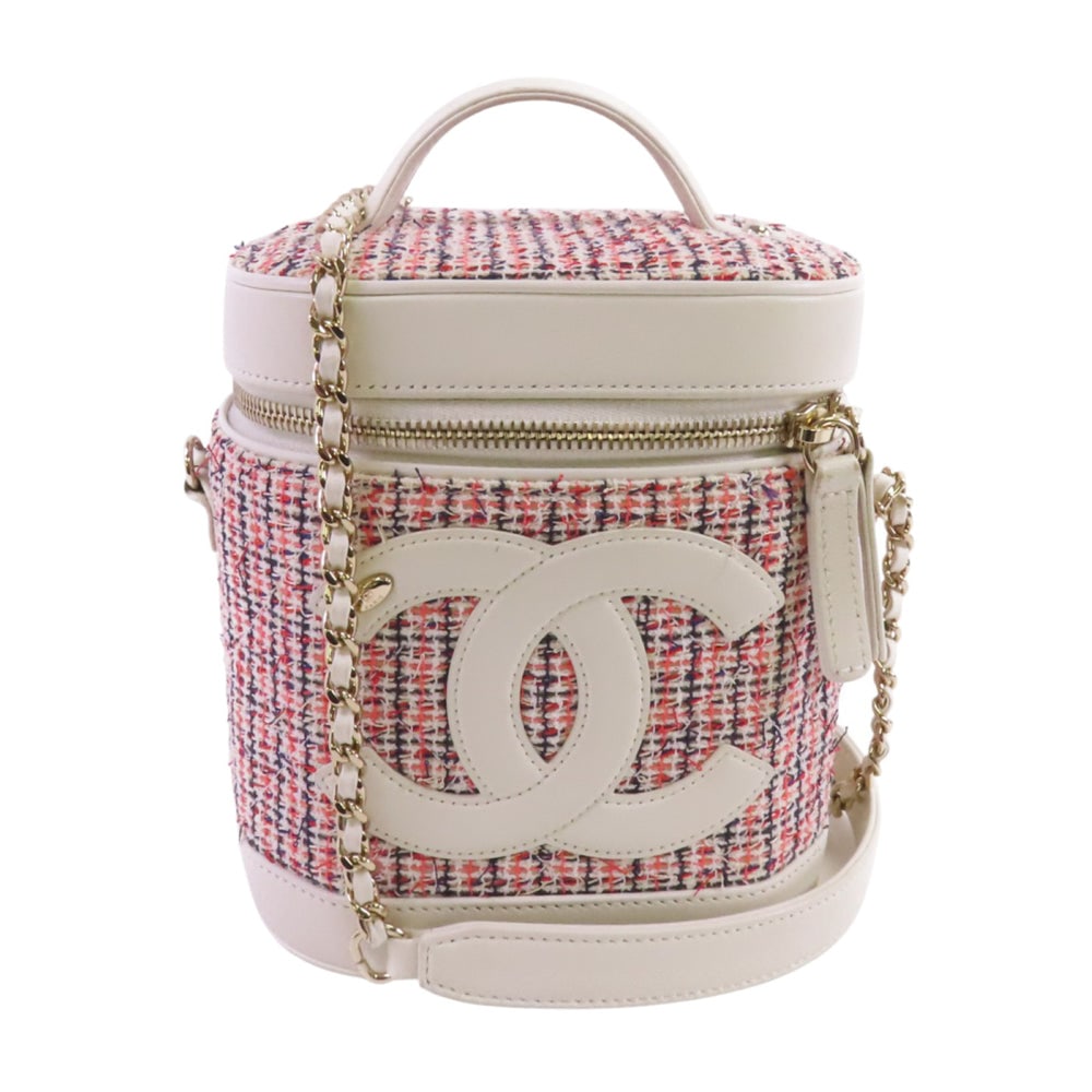 Chanel Tweed Hand Chain Bag: White pink multicolor tweed fabric hand chain shoulder bag with GHW; hologram sticker and guarantee included; W14.5 x H16 x D11.8 cm. Authentic and authenticated.