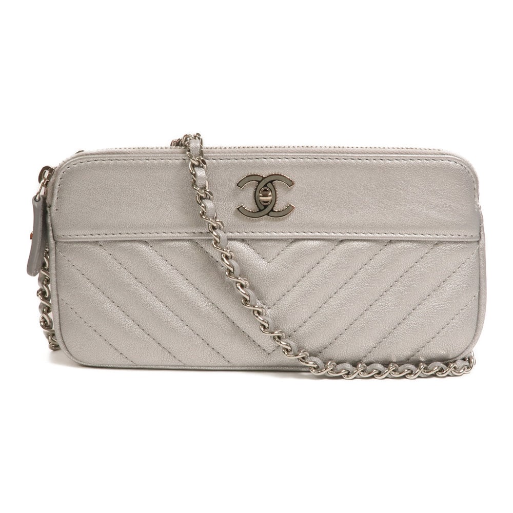 Chanel Wallet On Chain: Silver calfskin wallet on chain with SHW; includes box storage bag hologram sticker and guarantee; W19 x H9.5 x D3 cm. Authentic and authenticated.