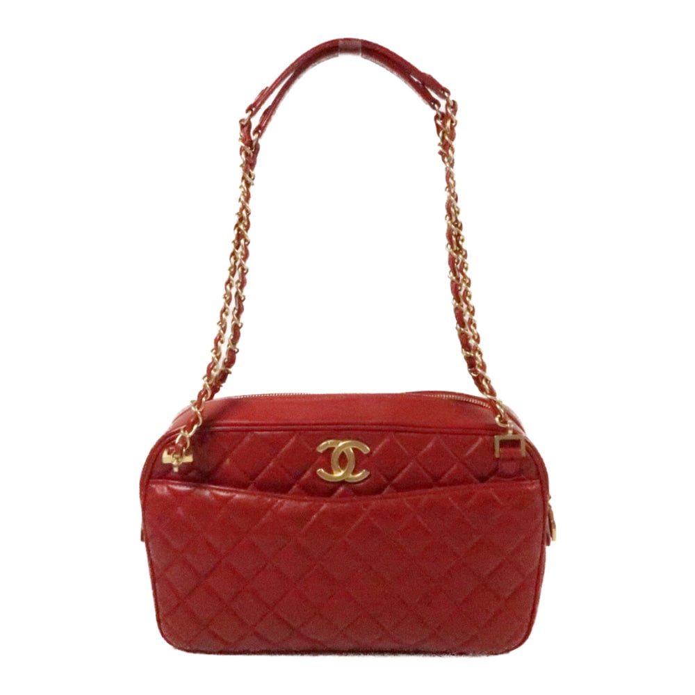 Chanel Lambskin Chain Bag Red: Red lambskin chain shoulder bag with GHW; hologram sticker included; W28 x H18 x D7.5 cm; shoulder 65.3 cm. Authentic and authenticated.