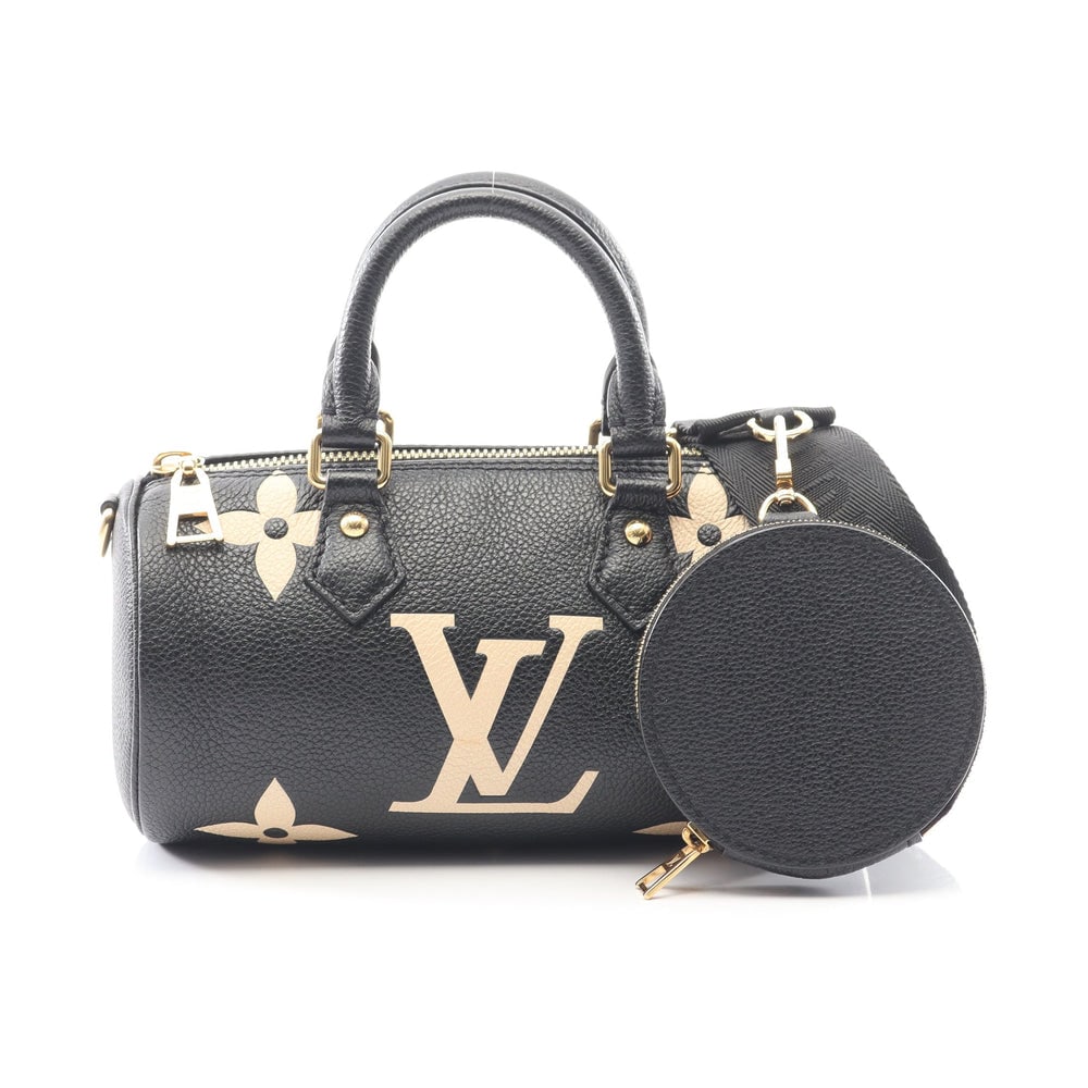 LV Papillon BB Bicolor Empreinte: Black and beige bicolor monogram empreinte leather handbag; includes shoulder strap and pouch; H10.5 x W20 x D10 cm. Authentic and authenticated.