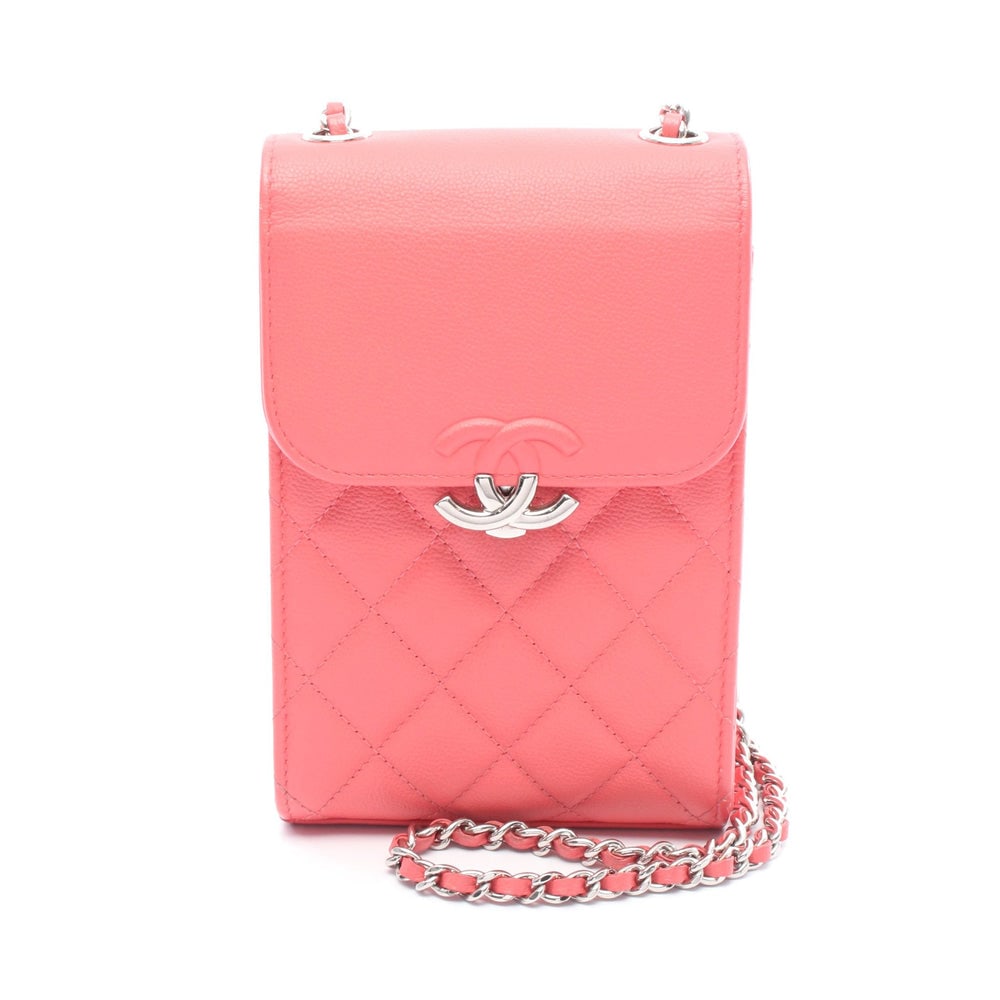 Chanel Phone Case Pink Red: Pink red caviar skin phone case chain shoulder bag with silver hardware; guarantee card and serial seal included; H17.5 x W11.5 x D5.5 cm. Authentic and authenticated.
