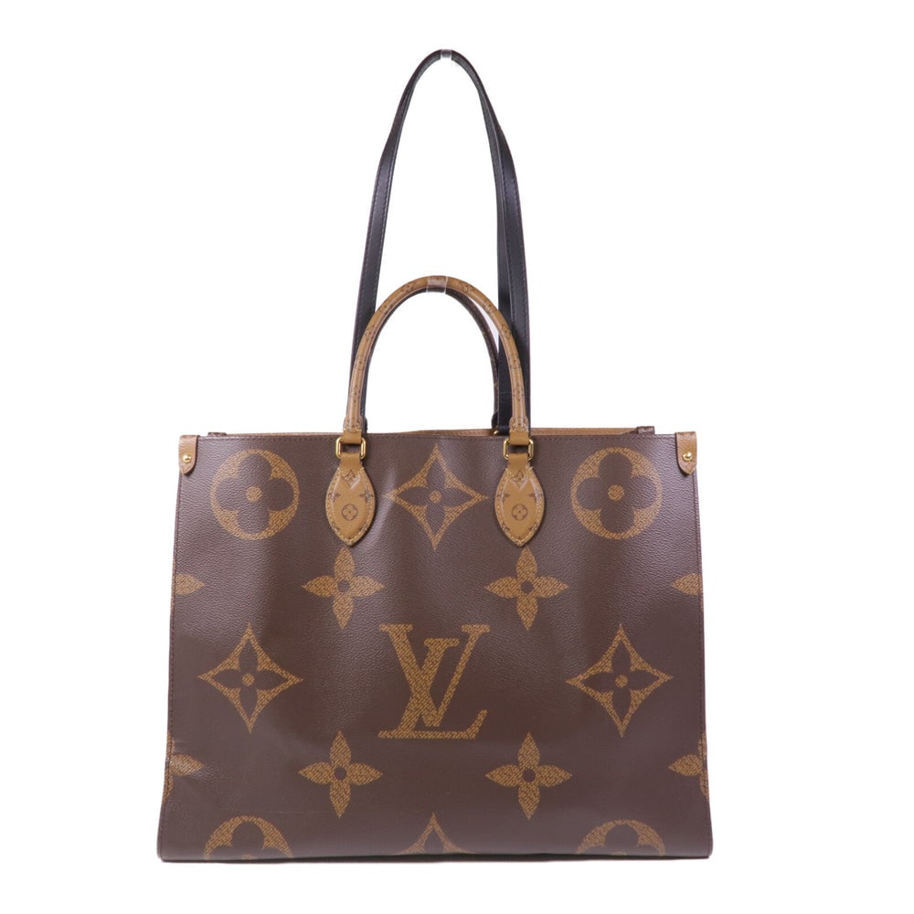 LV OnTheGo MM Reverse: Brown monogram giant reverse PVC coated canvas tote with GHW; W35 x H27 x D13 cm; handle 33 cm; shoulder 64 cm. Authentic and authenticated.