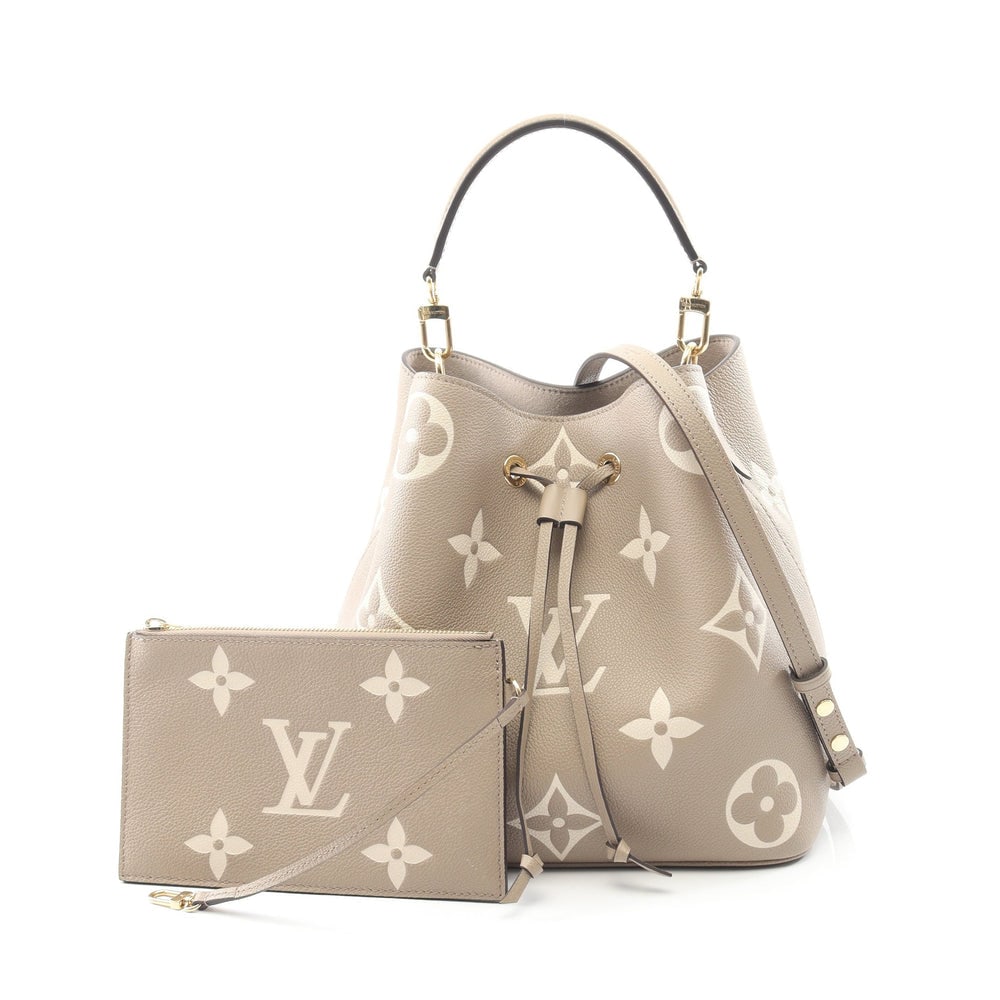 LV Neo Noe Bicolor Tourterelle: Gray beige and light beige bicolor monogram empreinte leather 2 way shoulder bag; includes shoulder strap and pouch; H26 x W26 x D17 cm. Authentic and authenticated.