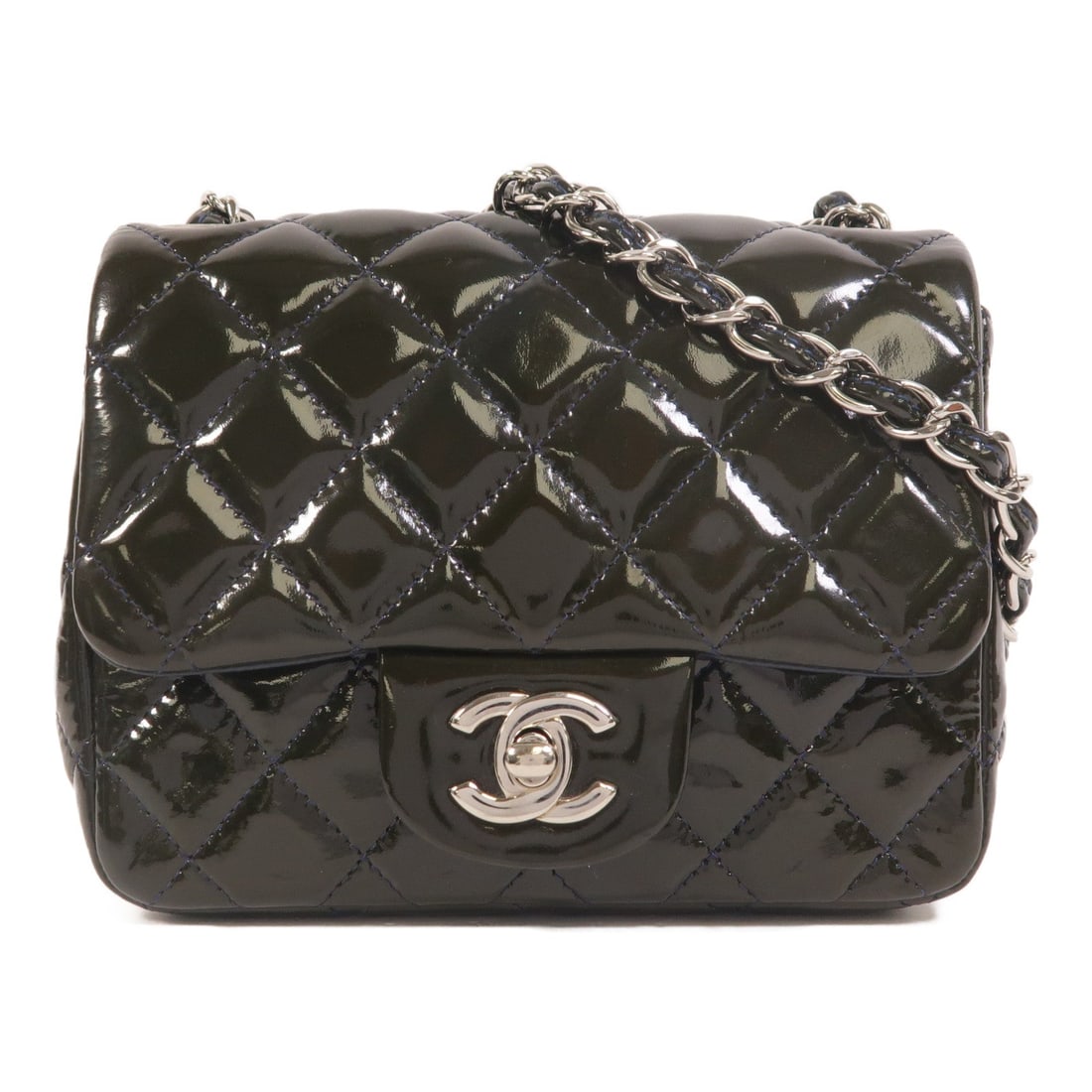 Chanel Mini Classic 17: Green patent leather chain shoulder bag.