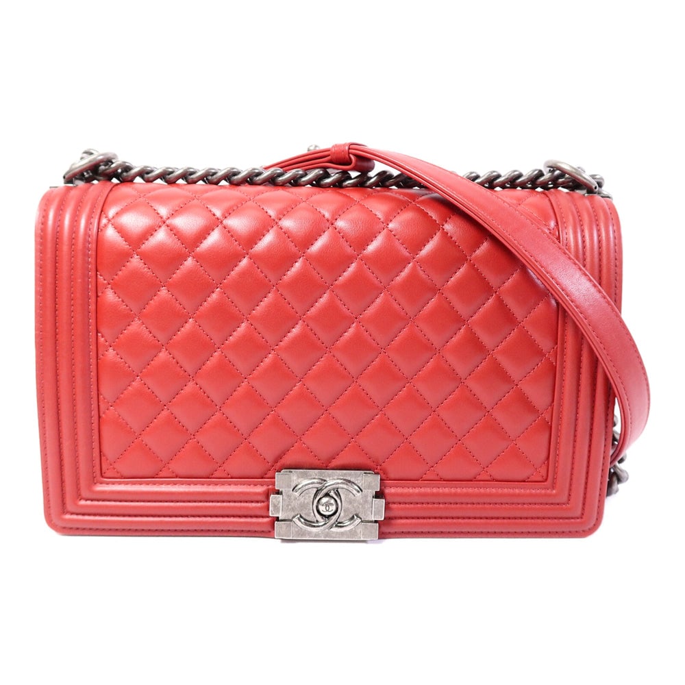 Chanel Boy 28 Chain Bag Red: Red calfskin chain shoulder bag.