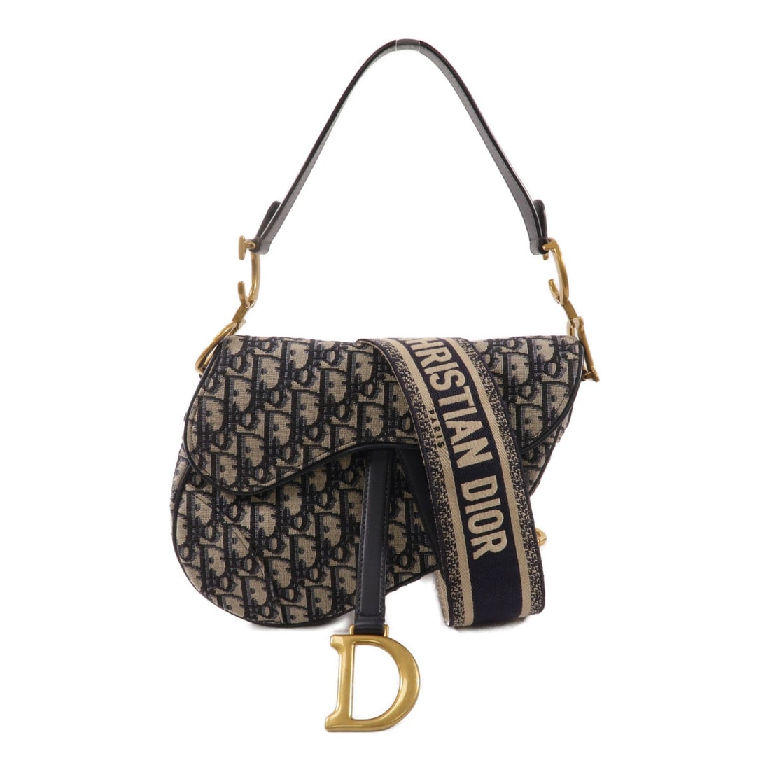 Dior Saddle Medium Oblique Navy: Navy Oblique canvas Saddle medium 2-way shoulder bag with strap.