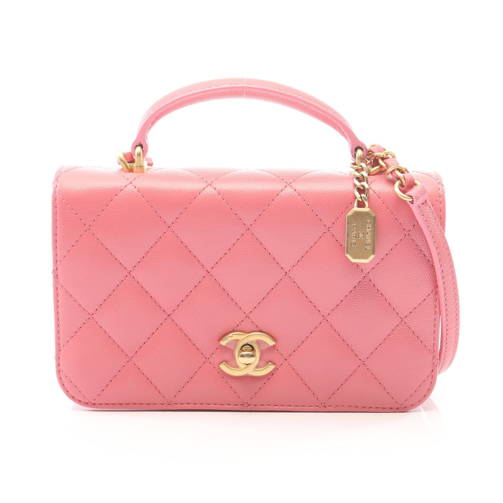 Chanel Top Handle 2-Way Pink: Pink caviar skin top handle chain shoulder bag with gold-tone hardware.