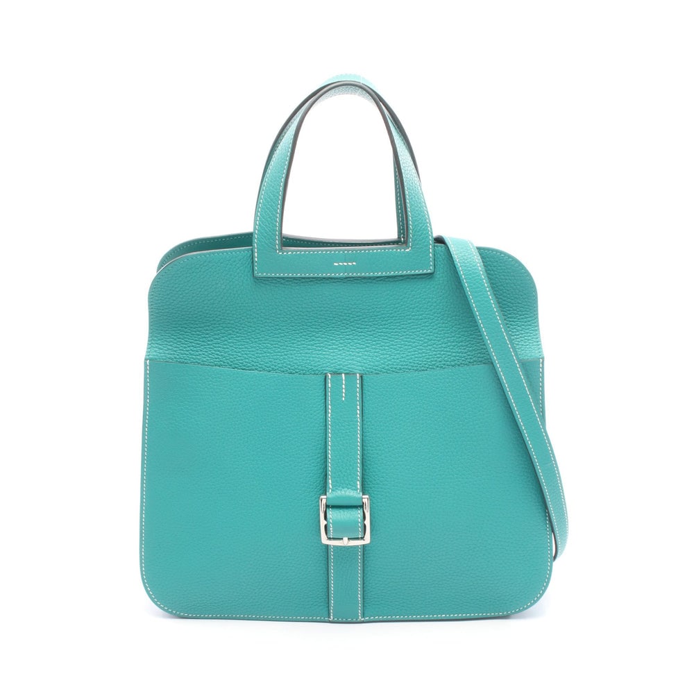 Hermes Arzan 31 Emerald Green: Emerald green clemence leather handbag with silver hardware. 31 x 28 x 9 cm.