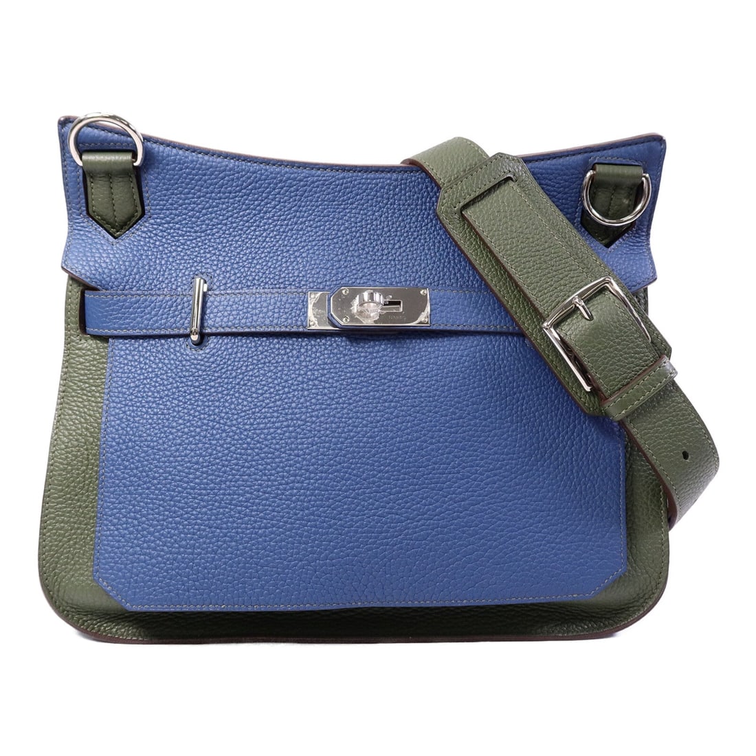 Hermes Jypsiere 31 Blue Olive: Blue and olive Clemence leather shoulder bag with palladium-tone hardware.