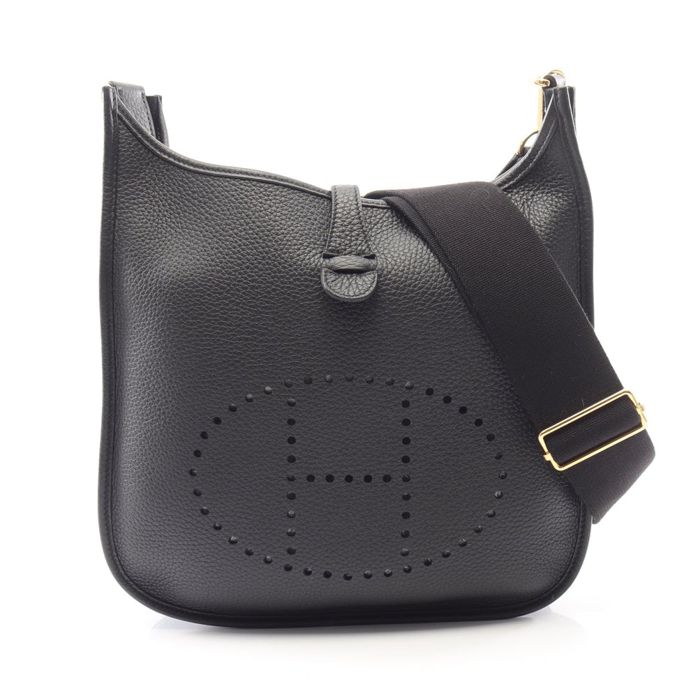 Hermes Evelyne 3 PM Black: Black Clemence leather shoulder bag with gold-tone hardware.