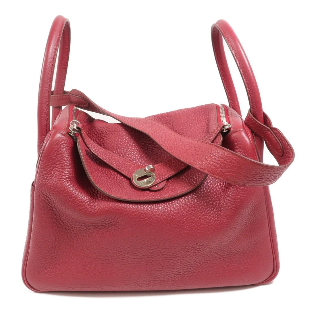 Hermes Lindy 30 Ruby: Ruby Taurillon Clemence leather 2-way shoulder handbag with palladium-tone hardware.