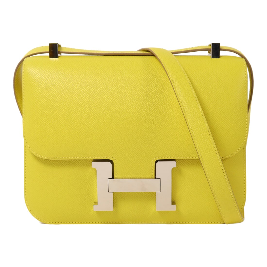 Hermes Constance 24 Lime: Lime Epsom leather shoulder bag with palladium-tone hardware.