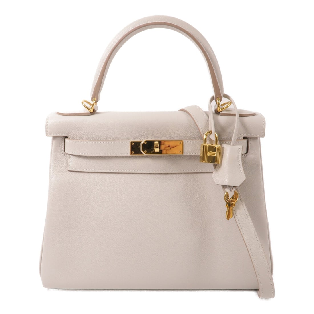 Hermes Kelly 28 Gris Pale: Gris Pale Evercolor leather 2-way shoulder bag with gold-tone hardware.