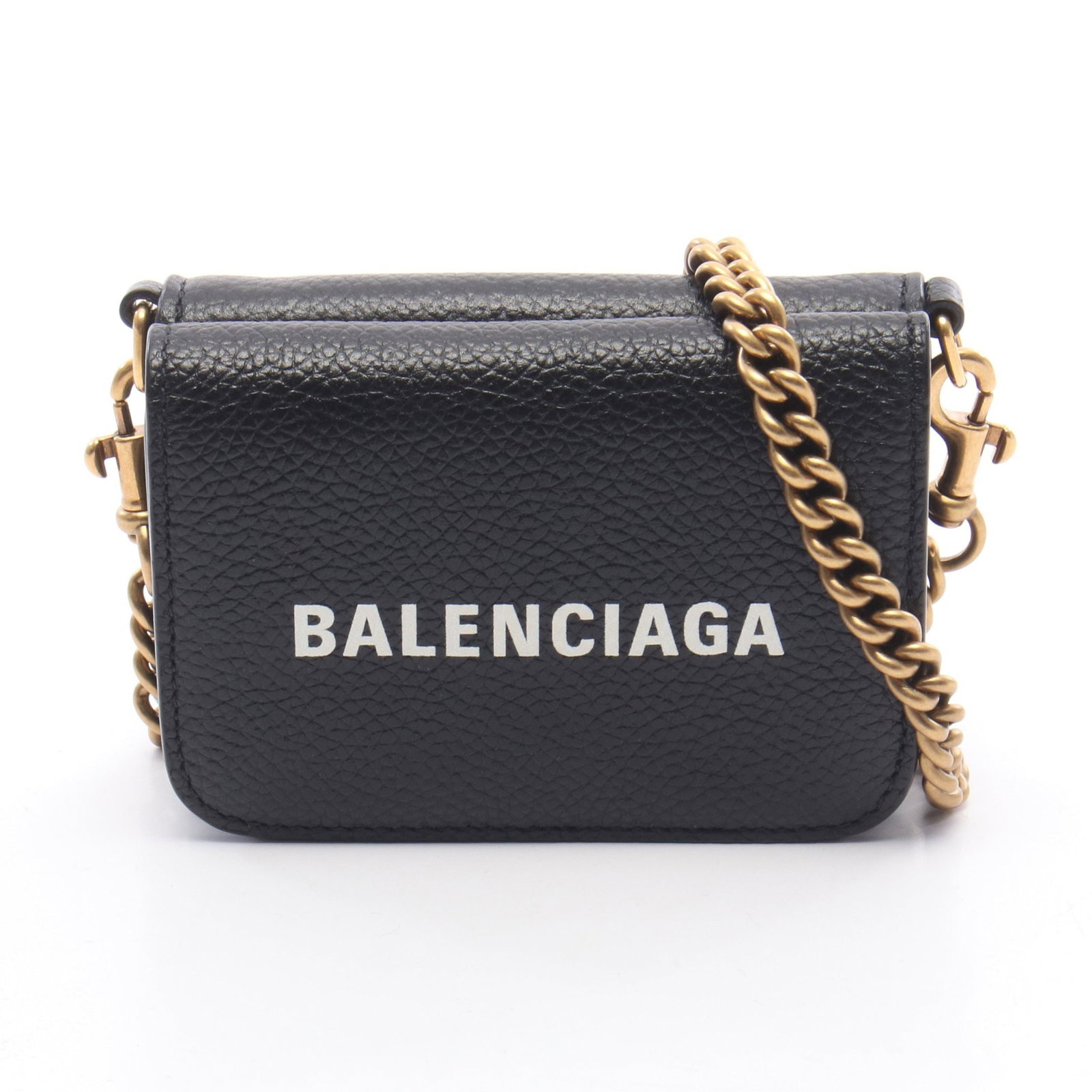 Balenciaga Cash Mini Chain Wallet Black: Authentic and authenticated Balenciaga Cash Mini grained chain wallet in black leather. Model 618145. Approx. 7H x 9.5W x 2.5D cm with 108 cm strap. No accessories listed.
