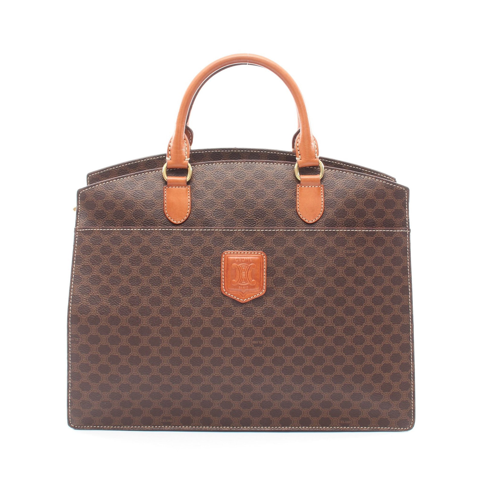 Celine Macadam PVC Leather Tote Brown: Authentic and authenticated Celine Macadam tote handbag in dark brown/brown PVC and leather. Approx. 27H x 33/35W x 10D cm with 33 cm handle. No accessories listed.