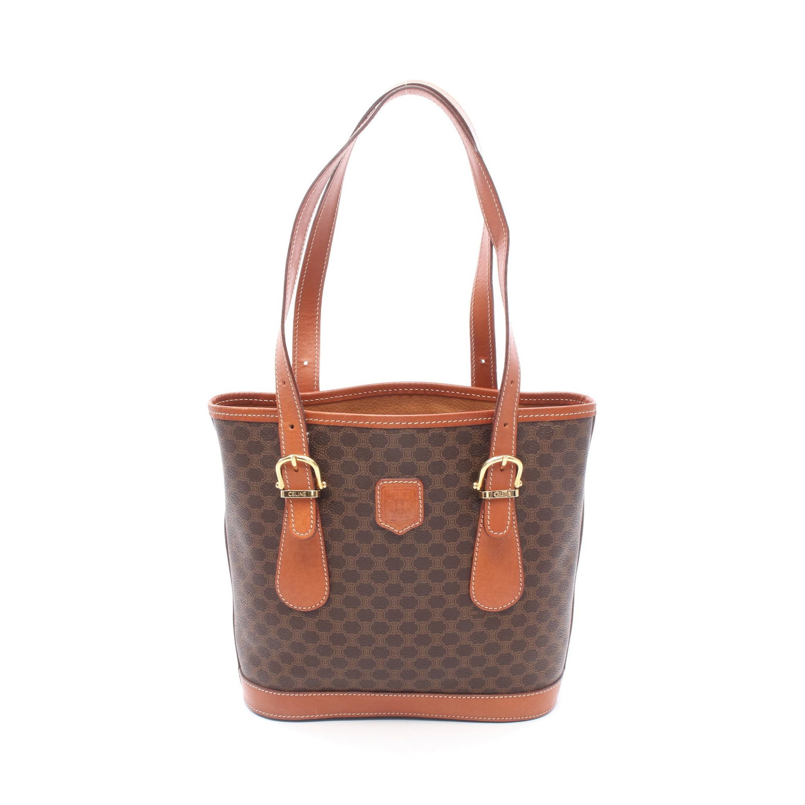Celine Macadam PVC Leather Tote Brown: Authentic and authenticated Celine Macadam shoulder tote bag in dark brown/brown PVC and leather. Approx. 23H x 28.5/24W x 10D cm with 48-60 cm strap and 23 cm max drop. No accessories listed.