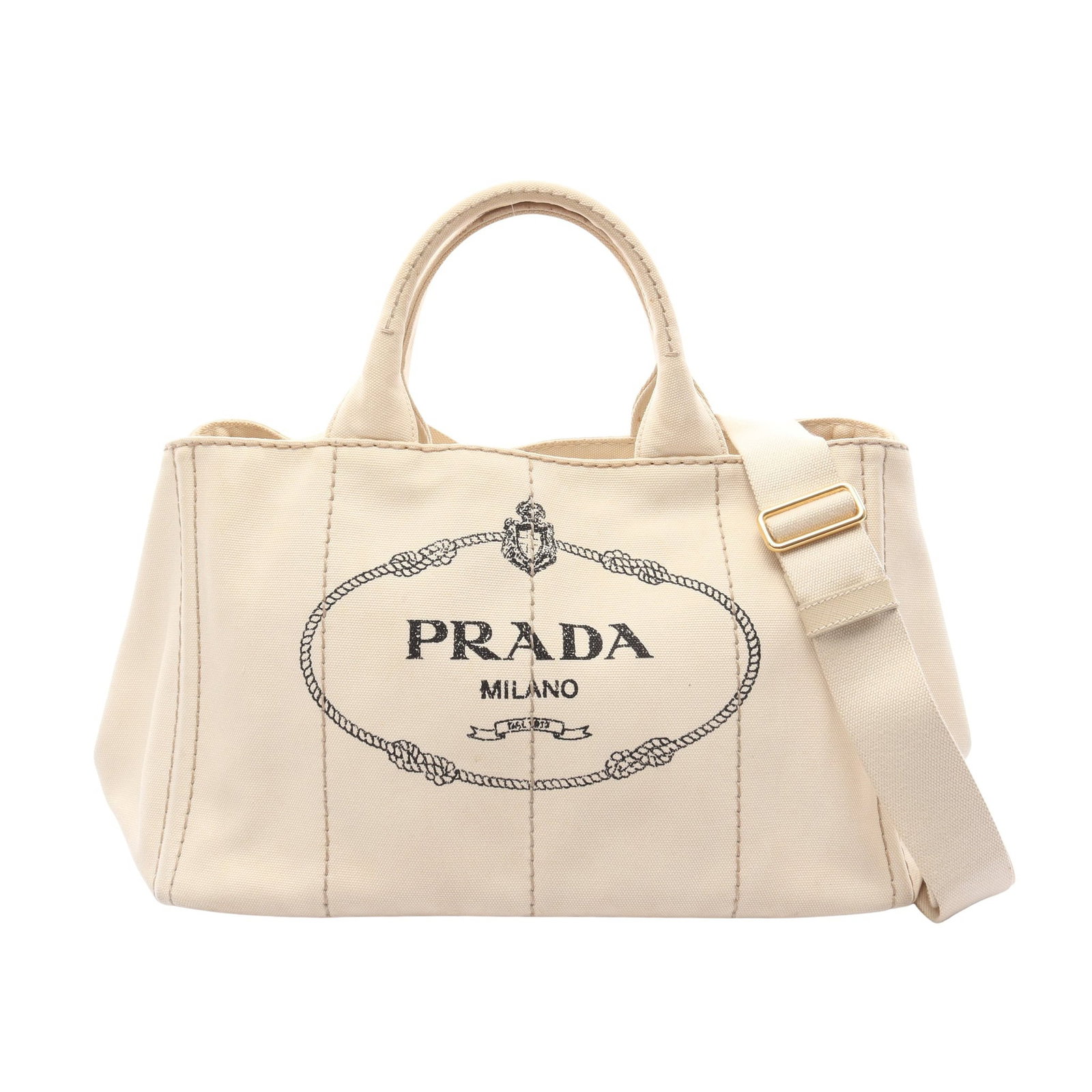 Prada Canapa Stampata 2WAY Tote: Authentic and authenticated Prada Canapa Stampata 2WAY tote in ivory/black striped canvas. Model B2642B. Approx. 22H x 34/35W x 22D cm with 33 cm handle and 74-126 cm strap.