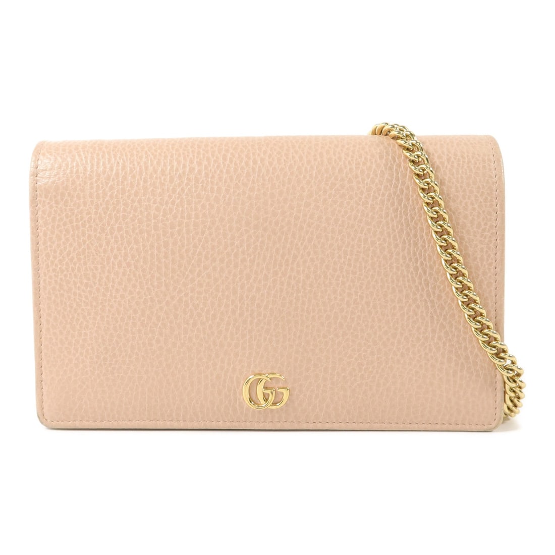 Gucci GG Calfskin Wallet on Chain Pink: Authentic and authenticated Gucci GG wallet on chain shoulder bag in pink Porcelian Rose calfskin. Product no. 493075. Approx. 20W x 12.5H x 3D cm with 120 cm shoulder chain. No accessories listed.
