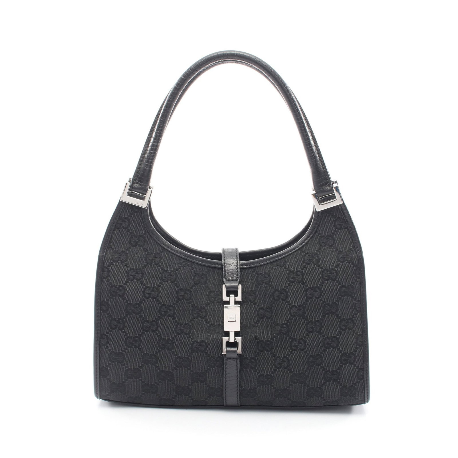 Gucci Jackie GG Canvas Handbag Black: Authentic and authenticated Gucci Jackie GG canvas handbag in black canvas and leather. Model 01721. Approx. 14.5H x 25/26W x 7D cm with 35 cm handle and 17 cm max drop.