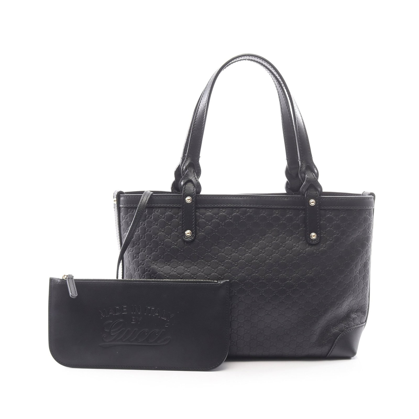 Gucci Guccissima Leather Tote Black: Authentic and authenticated Gucci Guccissima tote handbag in black leather. Model 269878. Approx. 20H x 33/27W x 11D cm with 41 cm handle. Includes pouch.