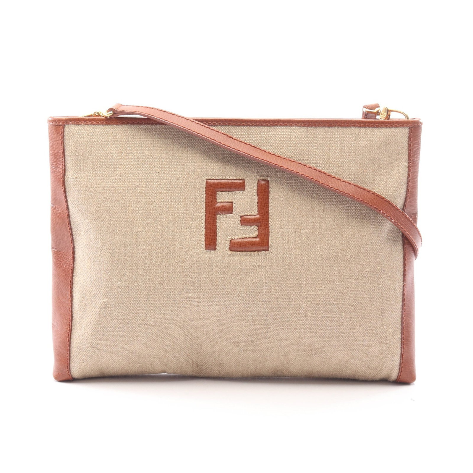 Fendi FF Logo Canvas Shoulder Bag: Authentic and authenticated Fendi FF logo shoulder bag in beige/brown canvas and leather. Approx. 24H x 32W x 4D cm with 114 cm strap. No accessories listed.