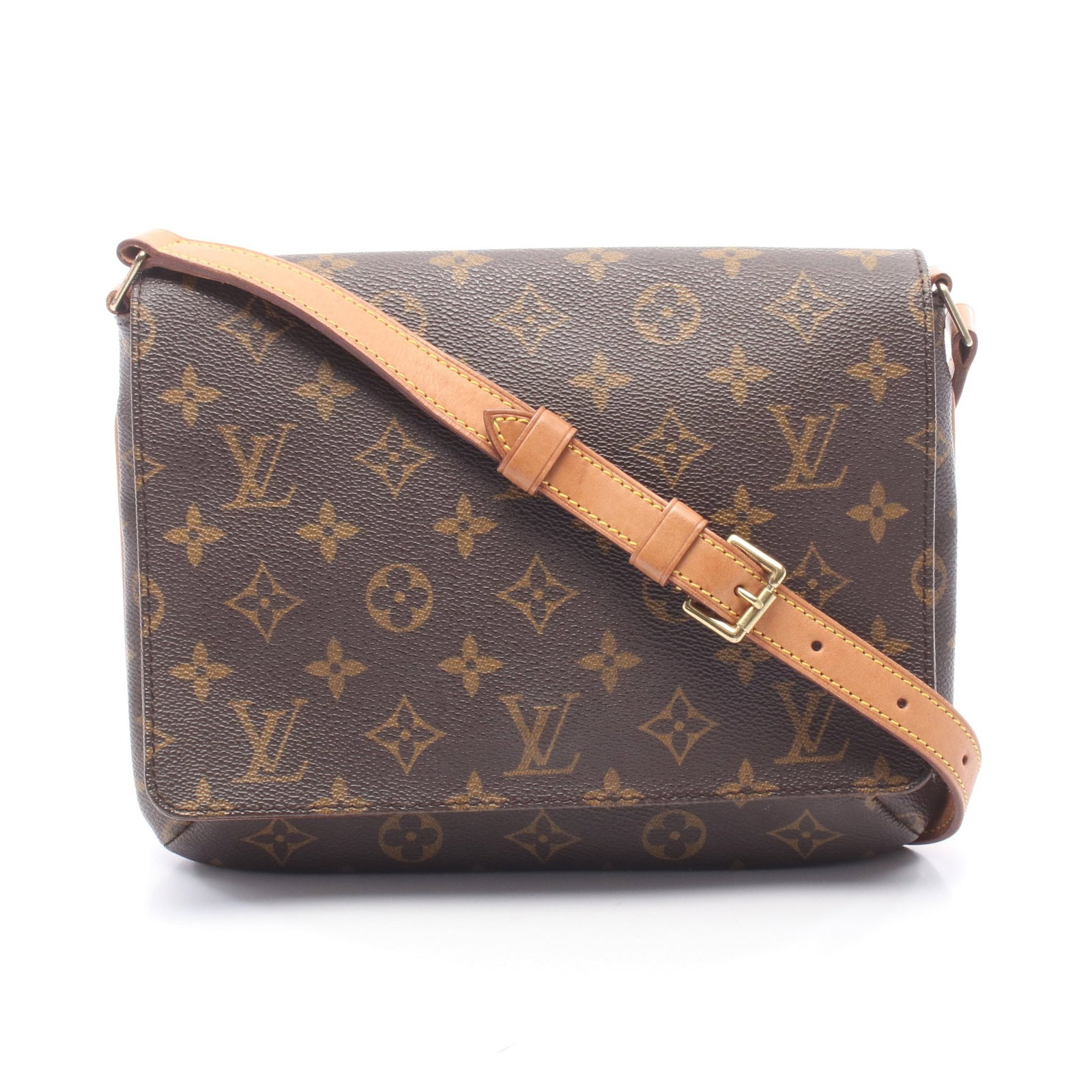 LV Musette Tango Monogram Bag: Authentic and authenticated Louis Vuitton Musette Tango short strap Monogram shoulder bag in brown PVC and leather. Model M51257, product no. SP0061. Approx. 20H x 24/25W x 6D cm with 64-76 cm strap.