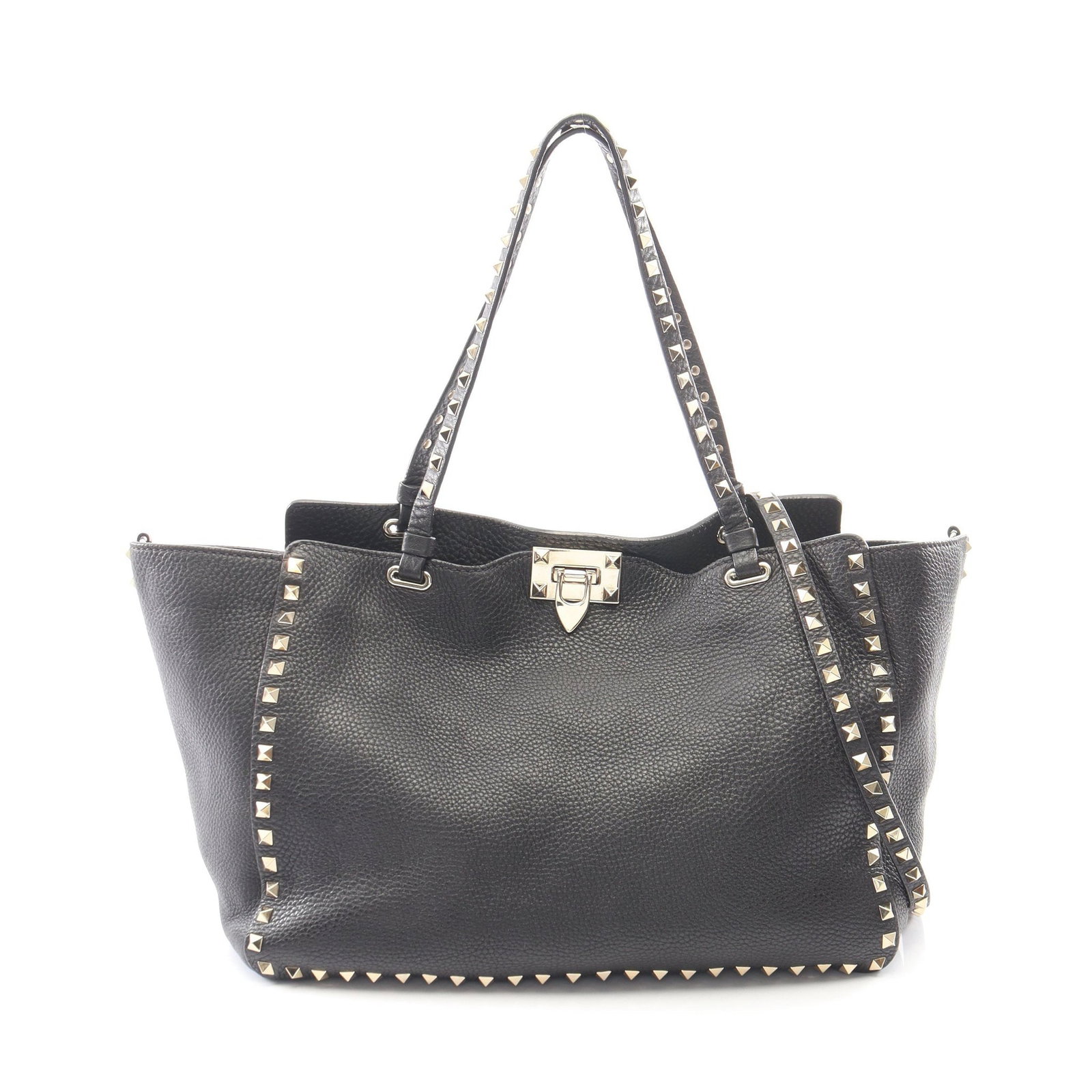 Valentino Rockstud 2WAY Tote Black: Authentic and authenticated Valentino Garavani Rockstud 2WAY tote handbag in black leather. Approx. 25H x 48/32W x 12D cm with 50 cm handle and 101 cm shoulder strap. Includes shoulder strap.