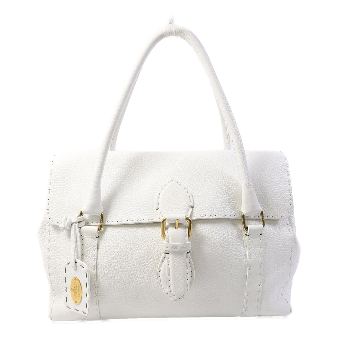 Fendi Selleria Linda Handbag White: Authentic and authenticated Fendi Selleria Linda hand bag in white calfskin. Product no. YF4-088. Approx. 31W x 24.5H x 7D cm with 52 cm handle. Includes brand tag.