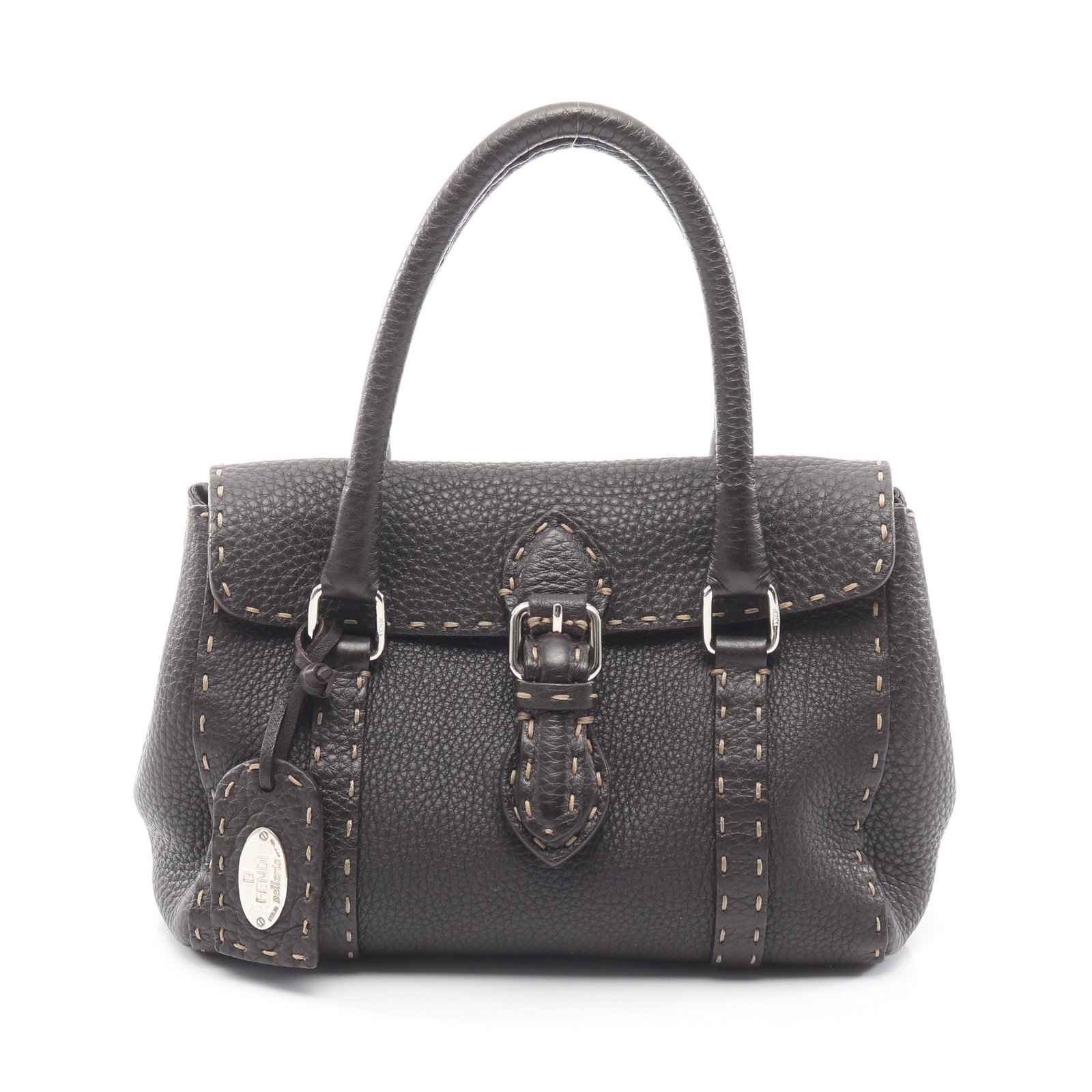 Fendi Selleria Mini Linda Brown: Authentic and authenticated Fendi Selleria Mini Linda handbag in dark brown leather. Model 8BR486. Approx. 18H x 24/23W x 9D cm with 42 cm handle. Includes charm.