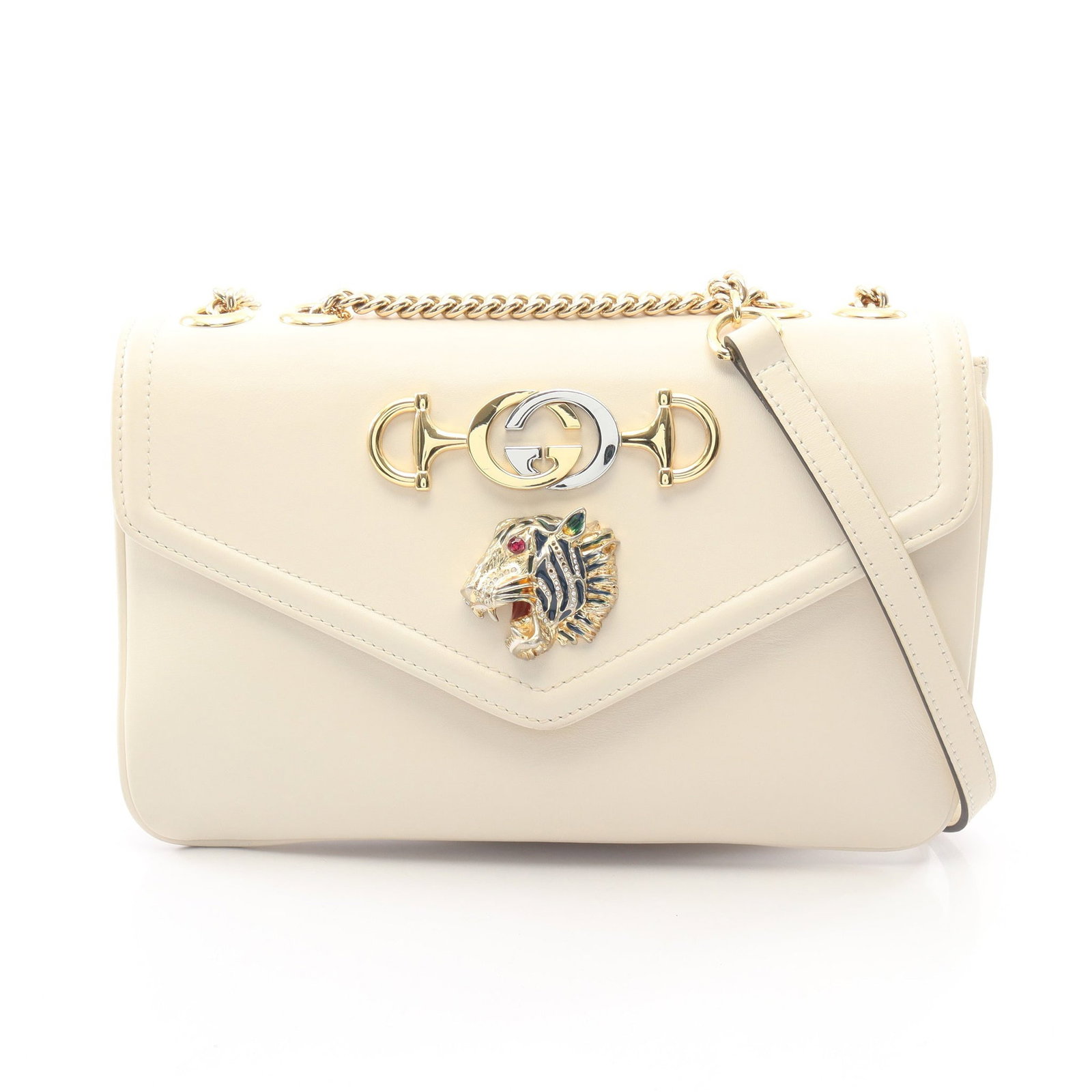 Gucci Rajah Tiger Head Chain Bag: Authentic and authenticated Gucci Rajah Tiger head chain shoulder bag in off white leather. Model 537241. Approx. 18H x 26.5W x 2/2D cm with 68 cm double or 119 cm single strap.