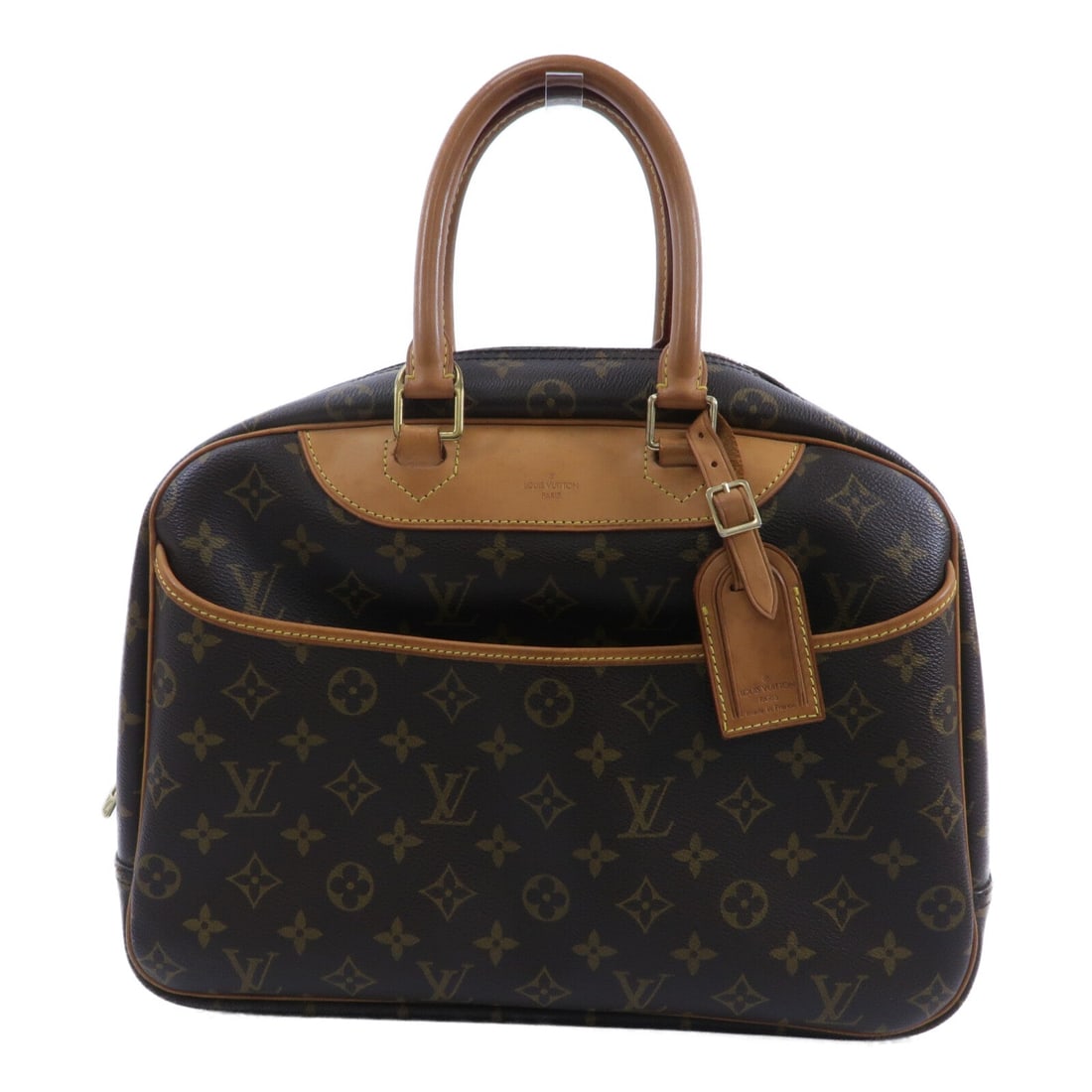 LV Deauville GM Monogram Handbag: Authentic and authenticated Louis Vuitton Deauville GM handbag in brown monogram PVC coated canvas. Product no. MB0055. Approx. 34W x 25H x 13D cm with 36 cm handle. Includes storage bags, key,