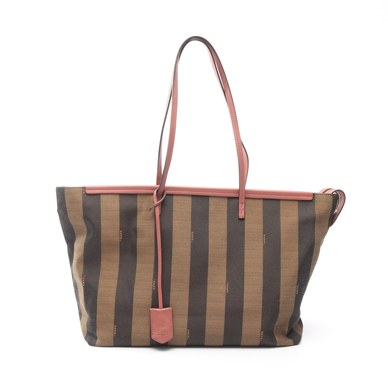 Fendi Pecan Canvas Tote Brown: Authentic and authenticated Fendi Pecan shoulder tote bag in brown/pink brown canvas and leather. Model 8BH185. Approx. 27H x 47/35W x 14D cm with 57 cm strap. Includes key ring crochet.