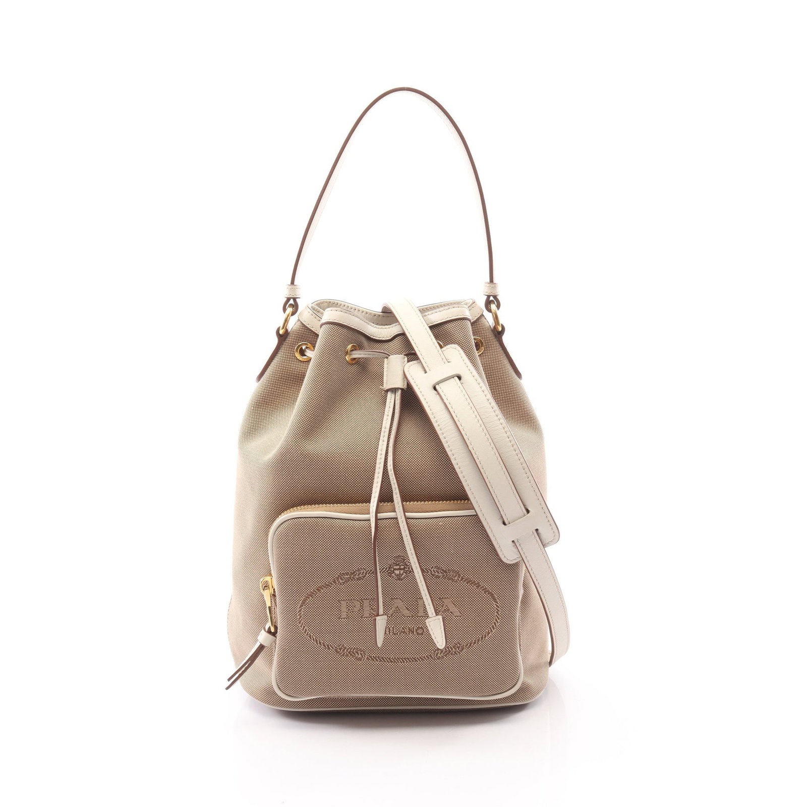 Prada Logo Jacquard 2WAY Beige: Authentic and authenticated Prada Logo Jacquard 2WAY handbag in beige/white canvas and leather. Approx. 25H x 20W x 11D cm with 35 cm handle and 117-127 cm strap. Includes shoulder strap.