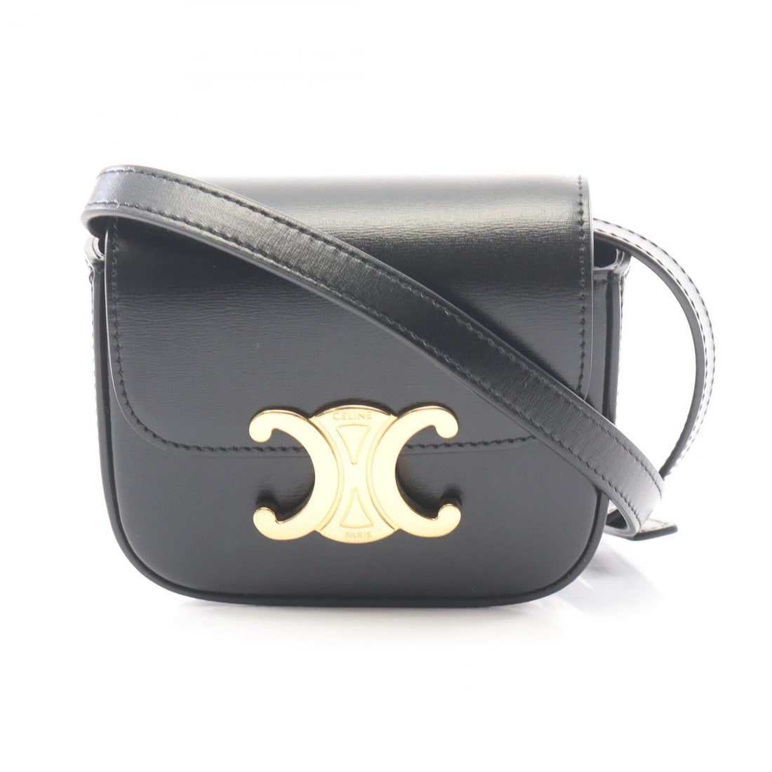Celine Mini Claude Triomphe Black: Authentic and authenticated Celine Mini Claude Triomphe shoulder bag in black leather. Model 10I513DPV. Approx. 9.5H x 11W x 4D cm with 97-123 cm strap. No accessories listed.